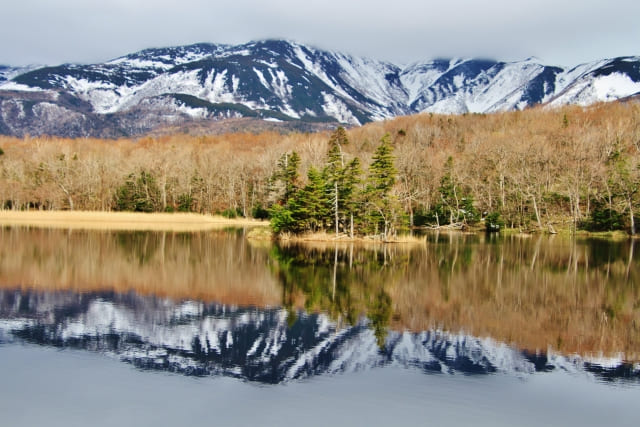 Shiretoko Five Lakes with mountain reflection