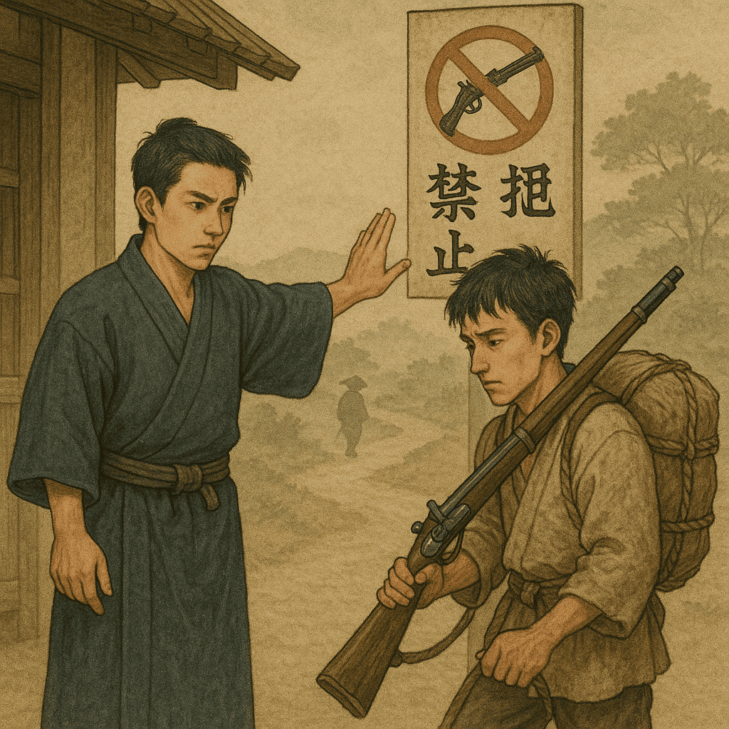 Sign prohibiting guns at a sekisho checkpoint